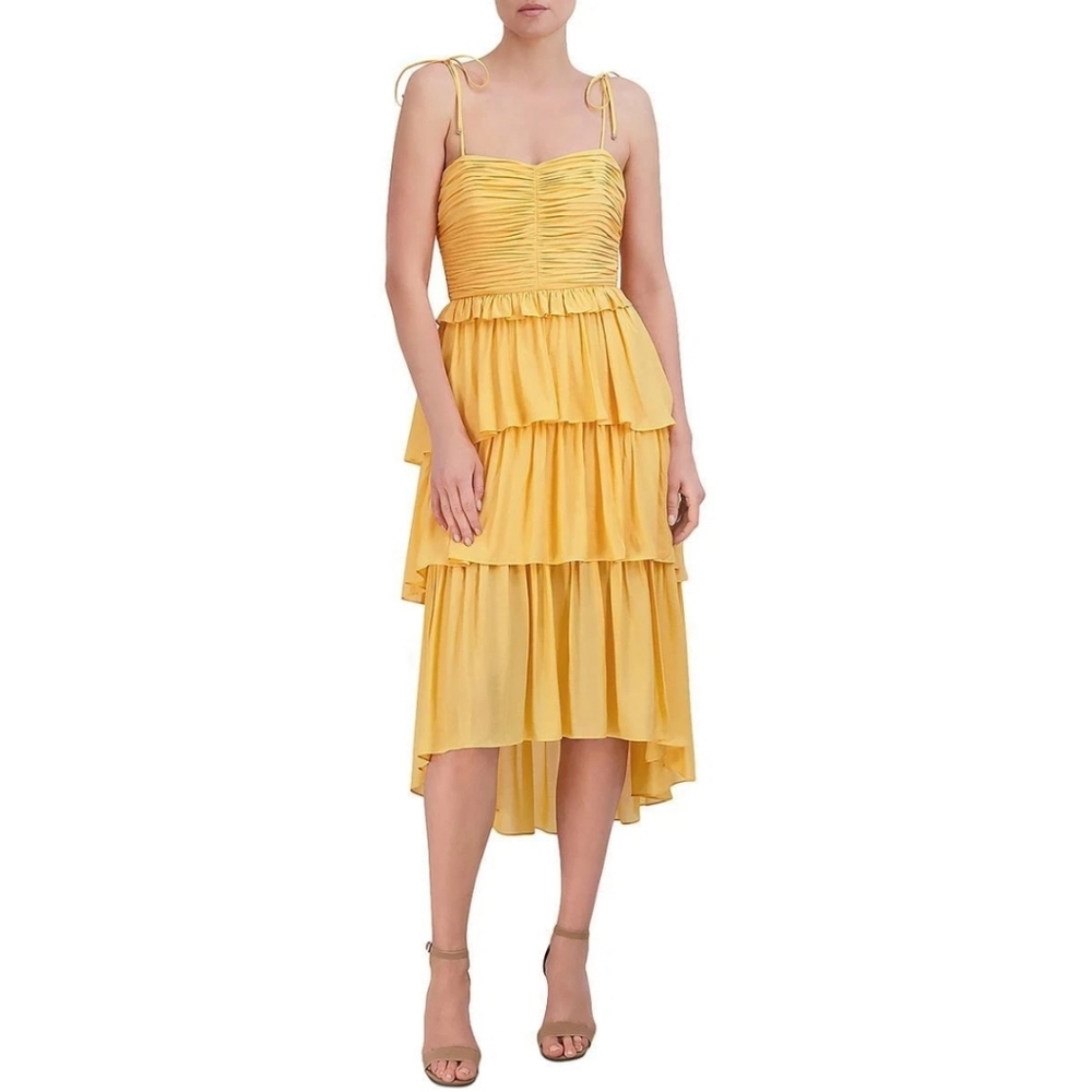 BCBGMAXAZRIA Marigold Sleeveless Hi-Low Pleated Tiered Midi Dress Womens Size 2